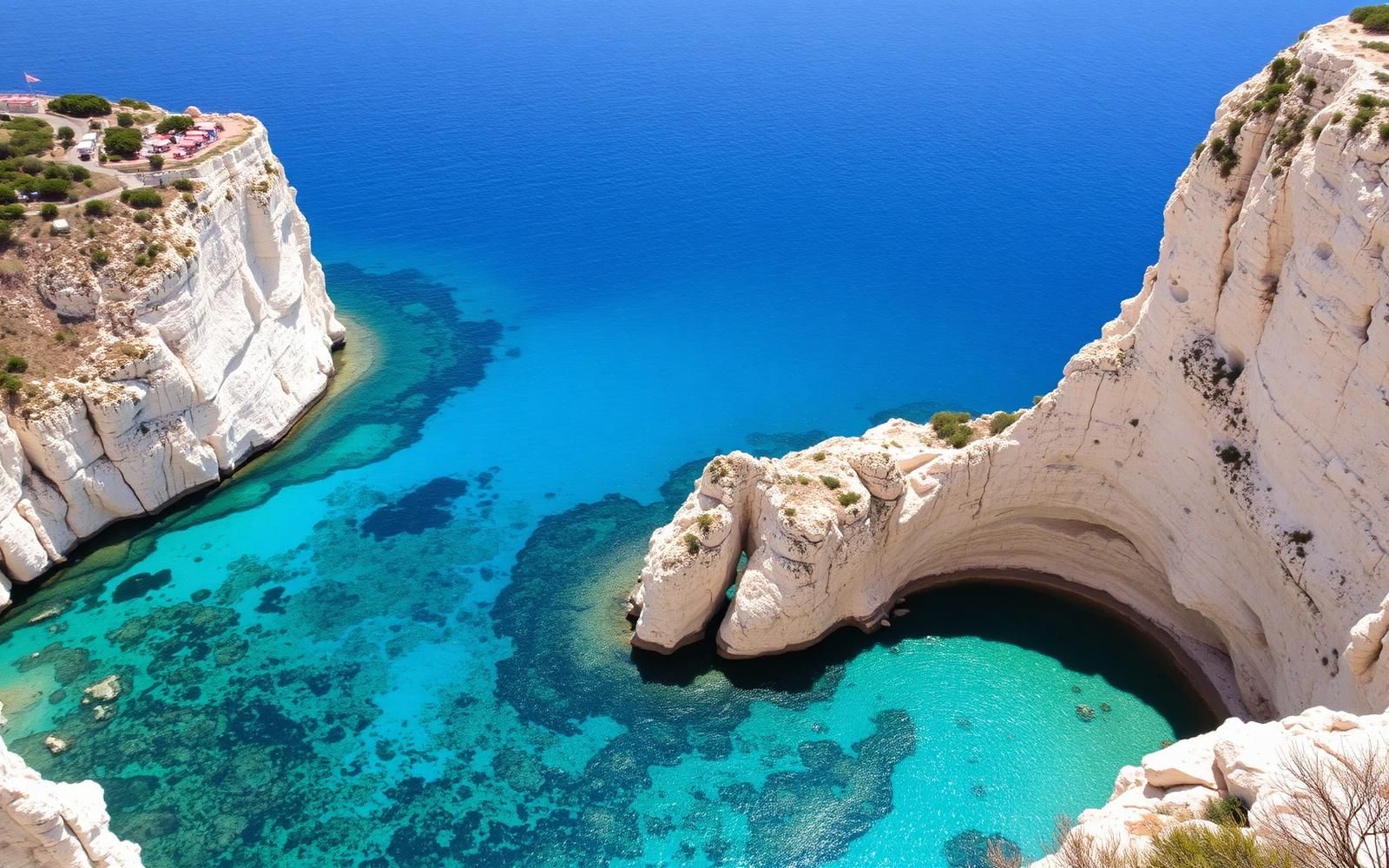 Cala Grande a Favignana vista dall'alto: pareti di tufo bianco e mare turchese