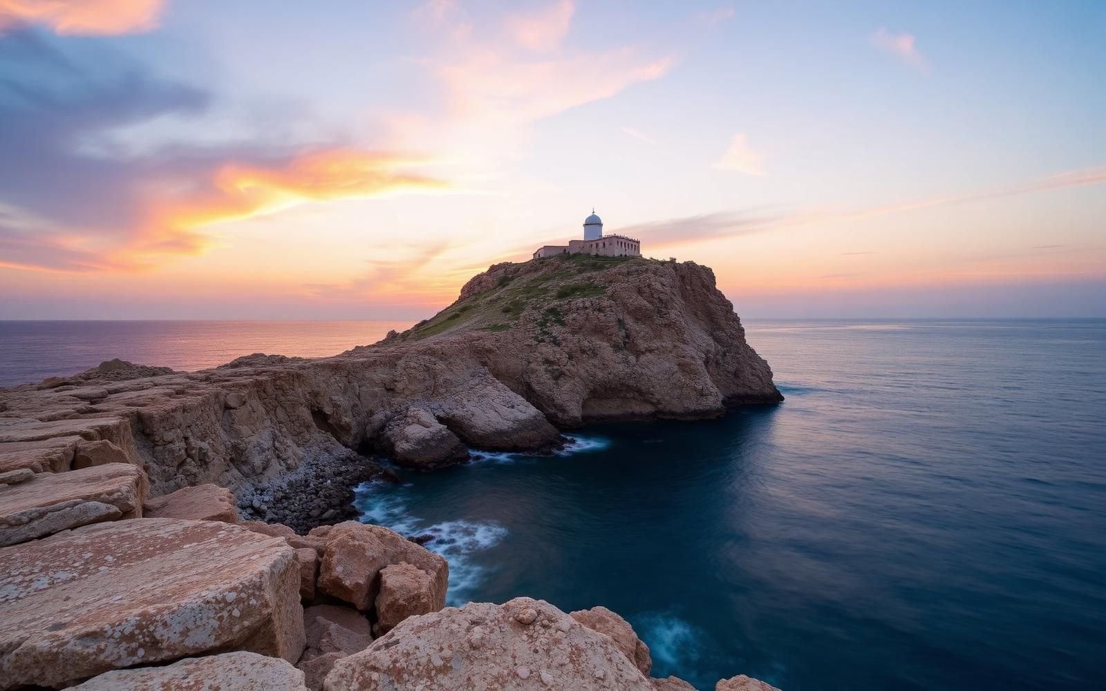 Faro di Punta Sottile a Favignana al tramonto con cielo arancione sul Mediterraneo