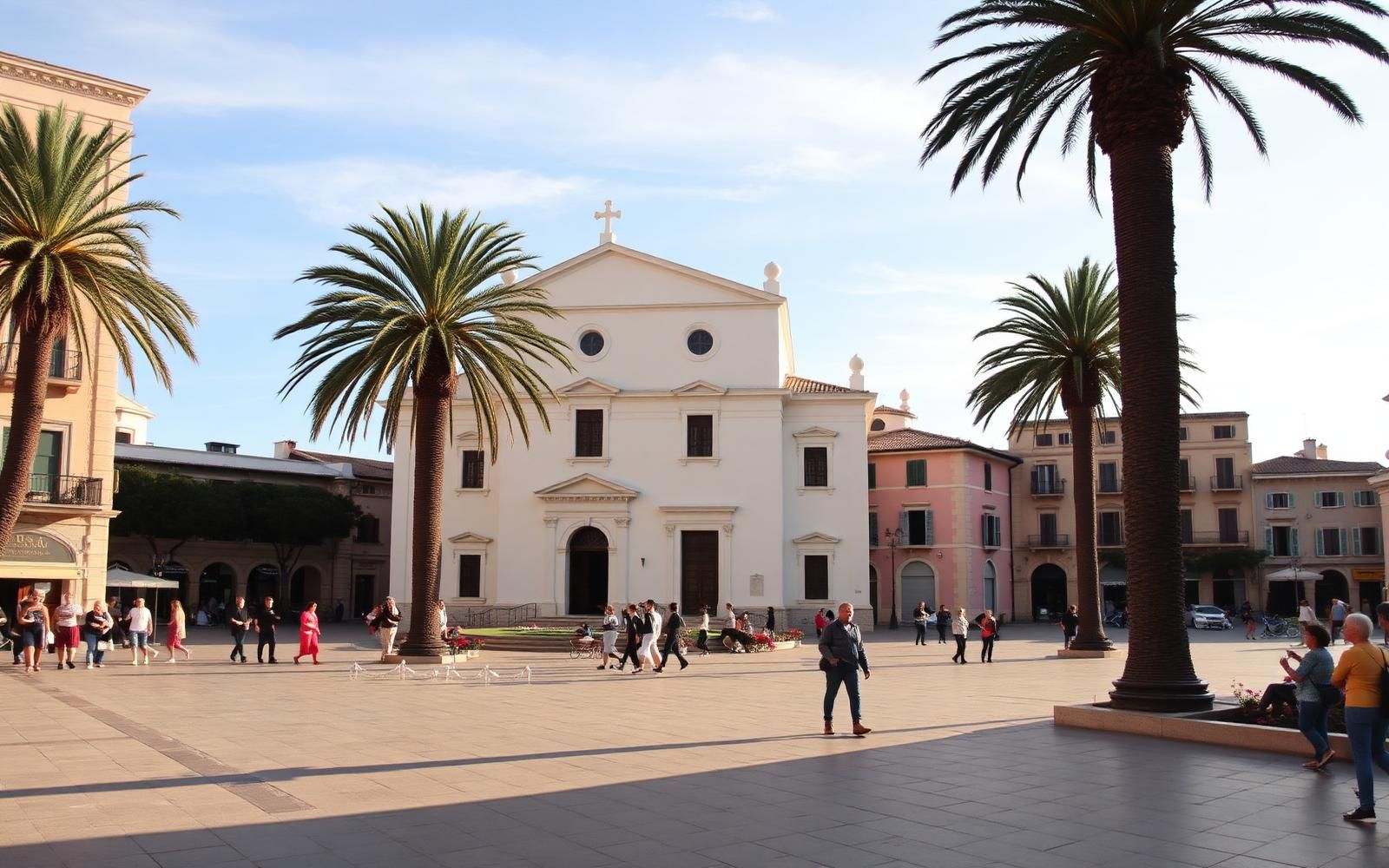 Piazza Madrice a Favignana con chiesa bianca e palme