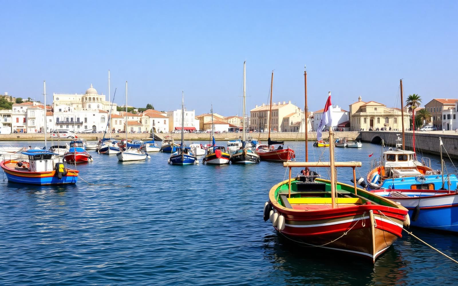 Barche di pescatori ormeggiate al porto di Favignana con case bianche sullo sfondo