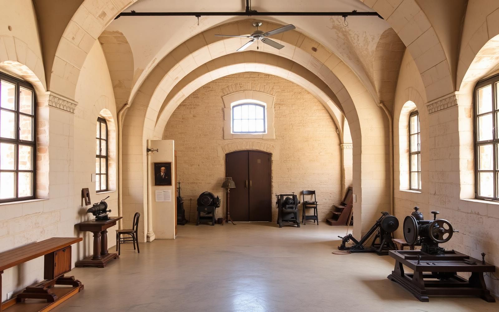 Interno dell'ex stabilimento Florio a Favignana con archi in pietra e macchinari storici