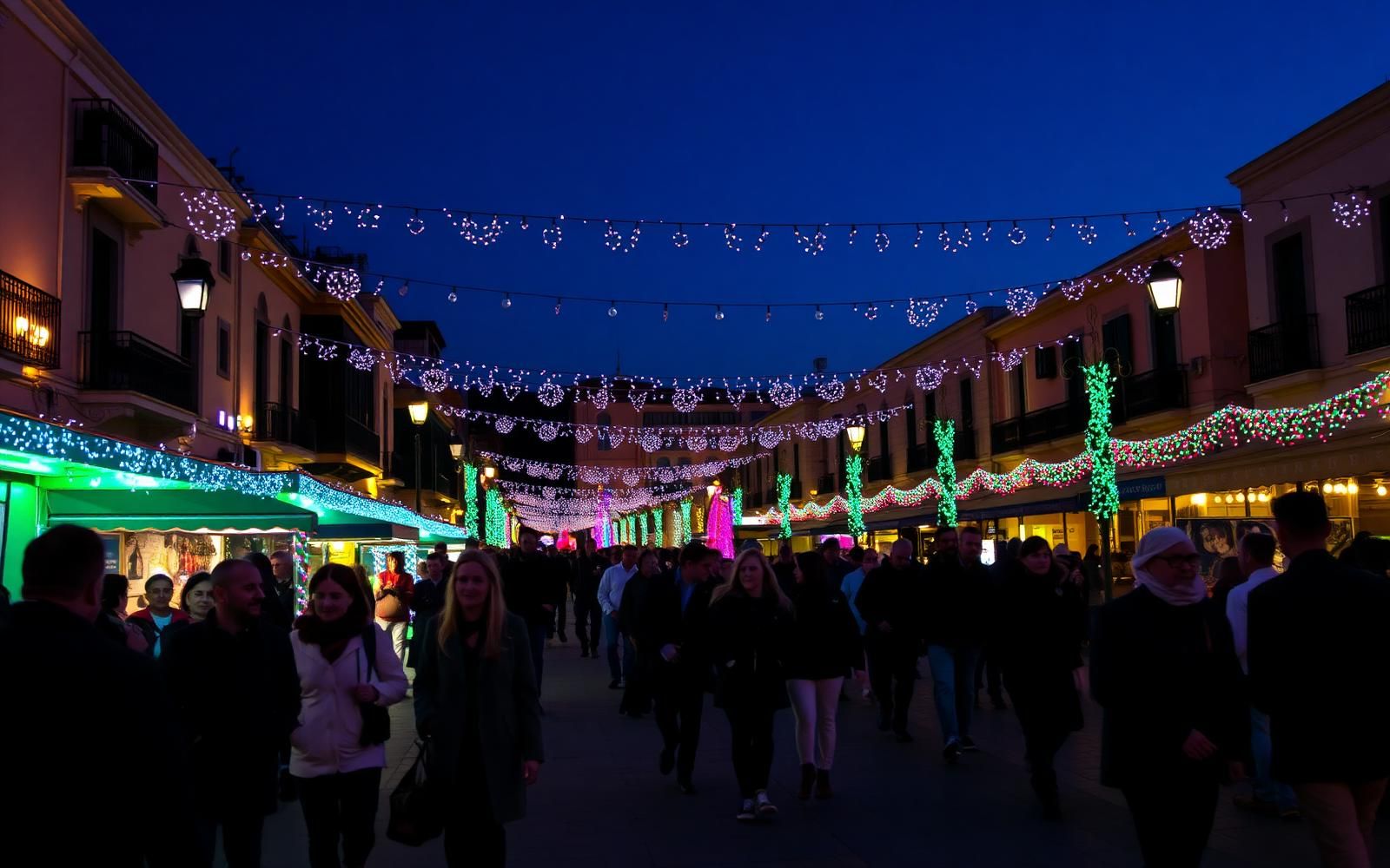 Piazza di Favignana d'estate con luminarie colorate e gente in festa la sera