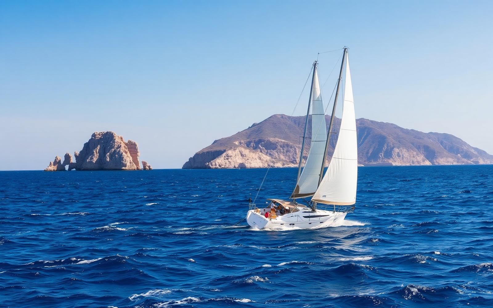 Barca a vela in regata nel mare delle Egadi con l'isola di Favignana sullo sfondo