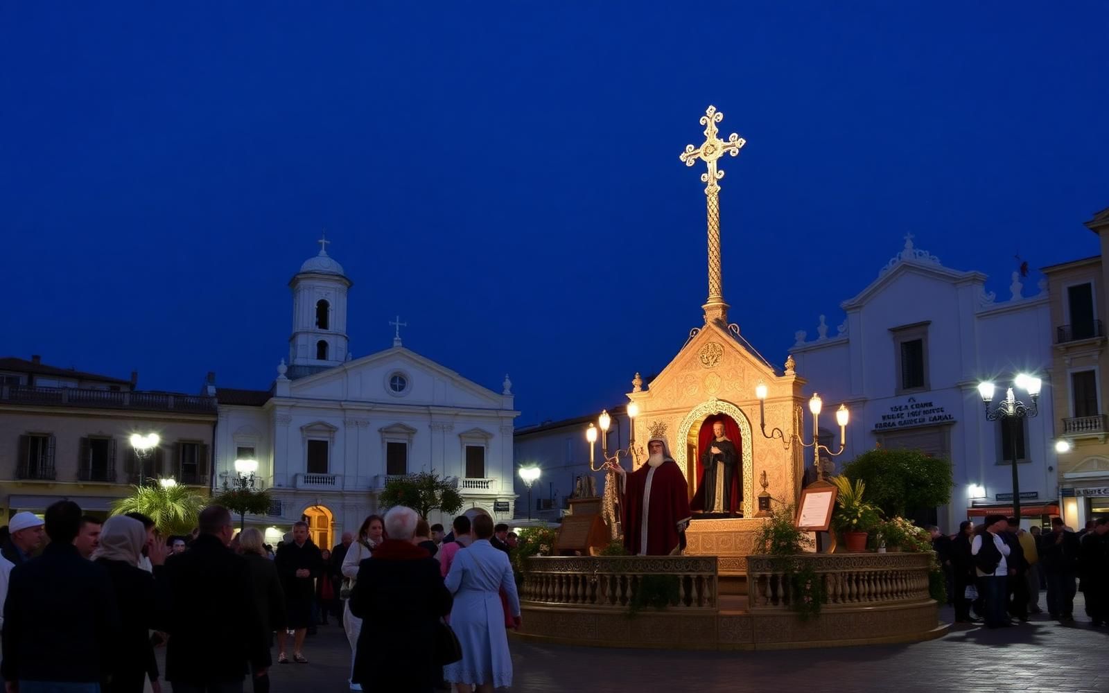 Festa religiosa siciliana di sera in piazza con luminarie e chiesa bianca