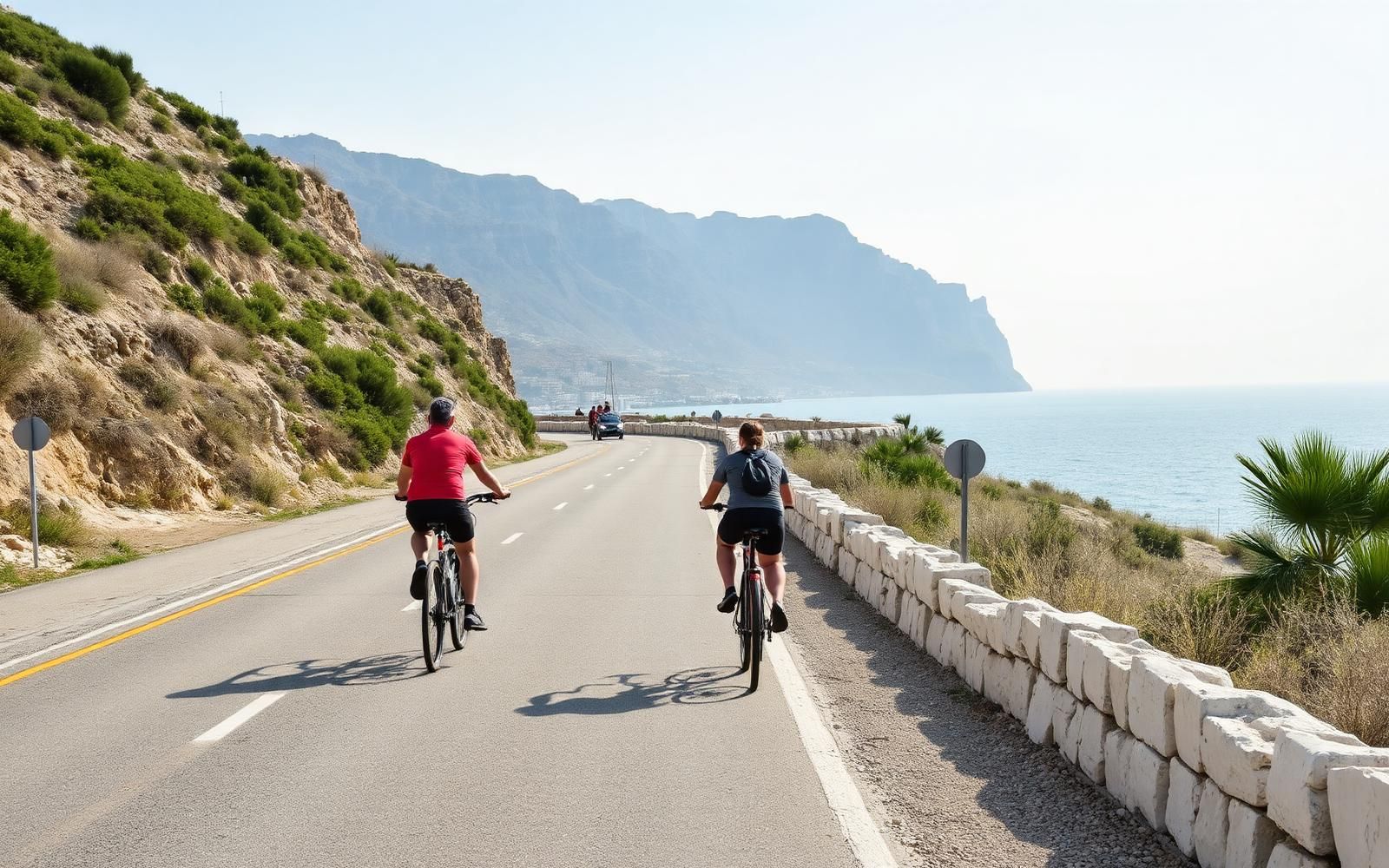 Turisti in bicicletta lungo la strada costiera di Favignana con vista sul mare