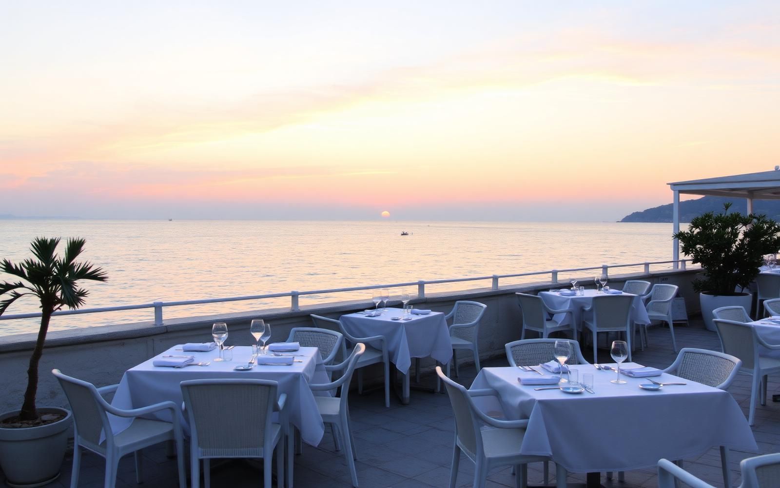 Terrazza del ristorante Il Veliero a Punta Longa al tramonto sul mare