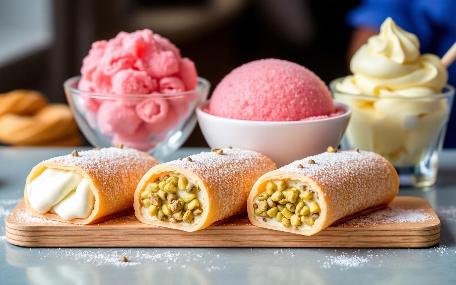 Cannoli siciliani con ricotta e pistacchio accanto a granita al gelso e al limone