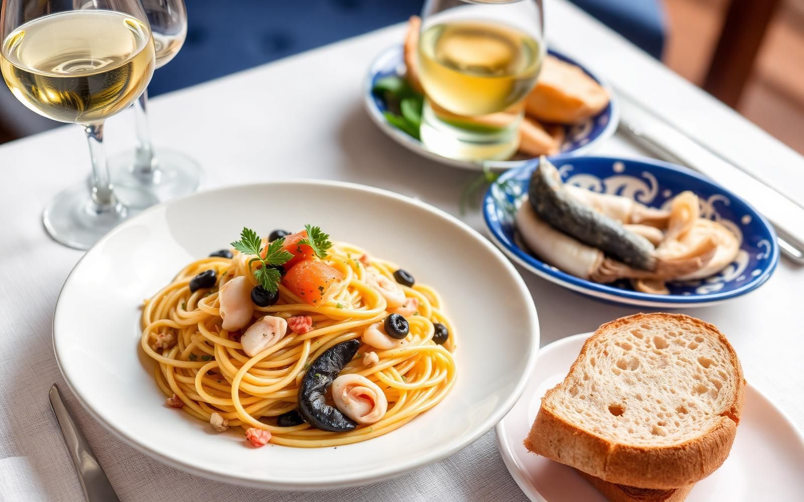 Piatto di spaghetti con frutti di mare su tovaglia bianca e blu