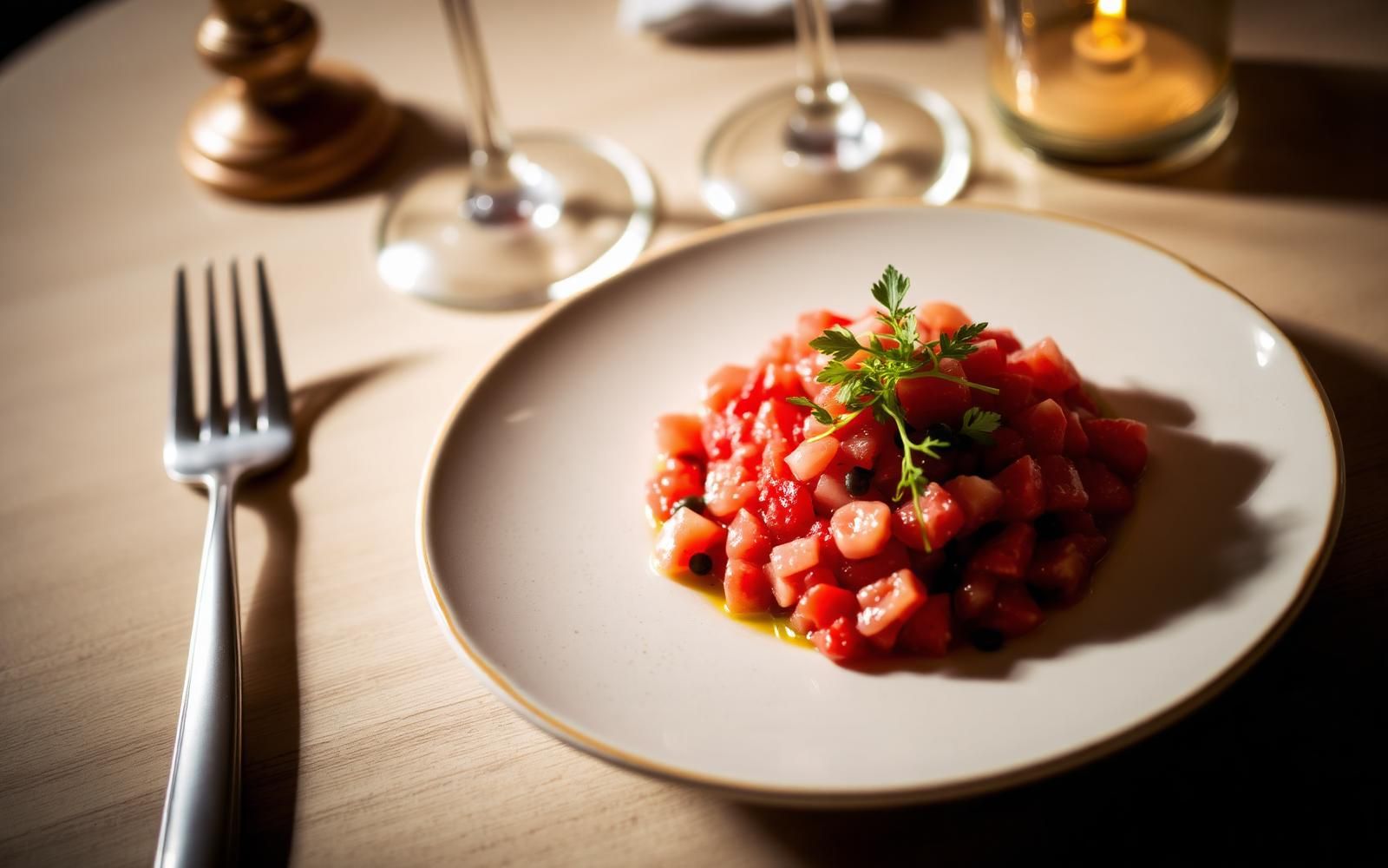 Piatto elegante di tartare di tonno rosso di Favignana con capperi e olio