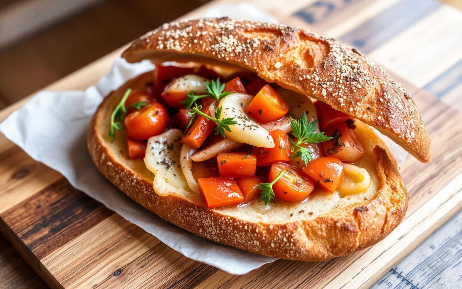 Pane cunzato siciliano con tonno di Favignana, pomodoro, capperi e origano