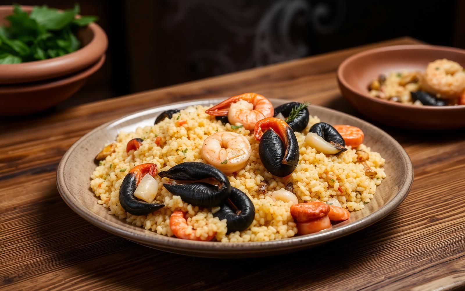 Cous cous di pesce alla trapanese con gamberi, cozze e brodo di pesce