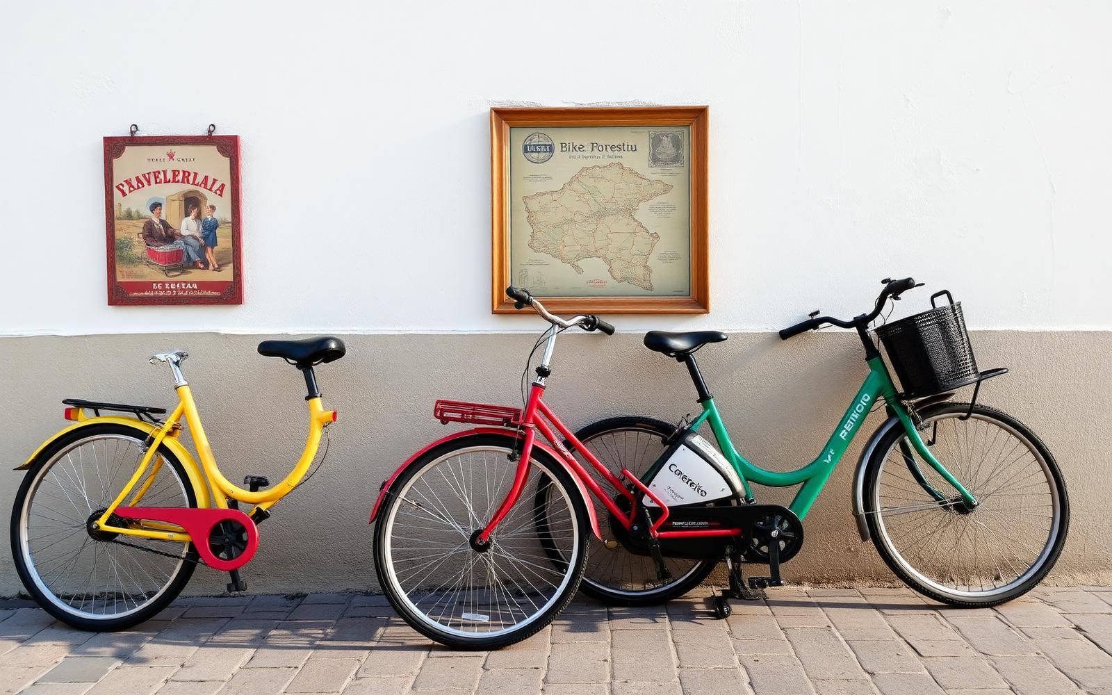 Biciclette colorate e e-bike parcheggiate davanti a un muro bianco a Favignana